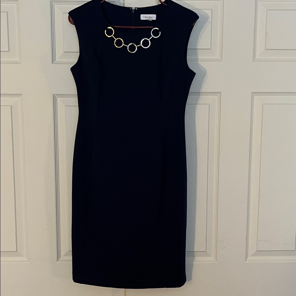 Calvin Klein Navy Dress with Gold Accents